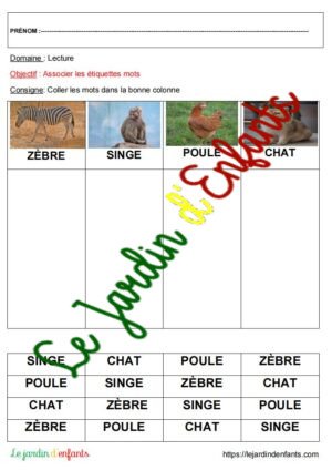 Reconnaître les mots "Les animaux" GS