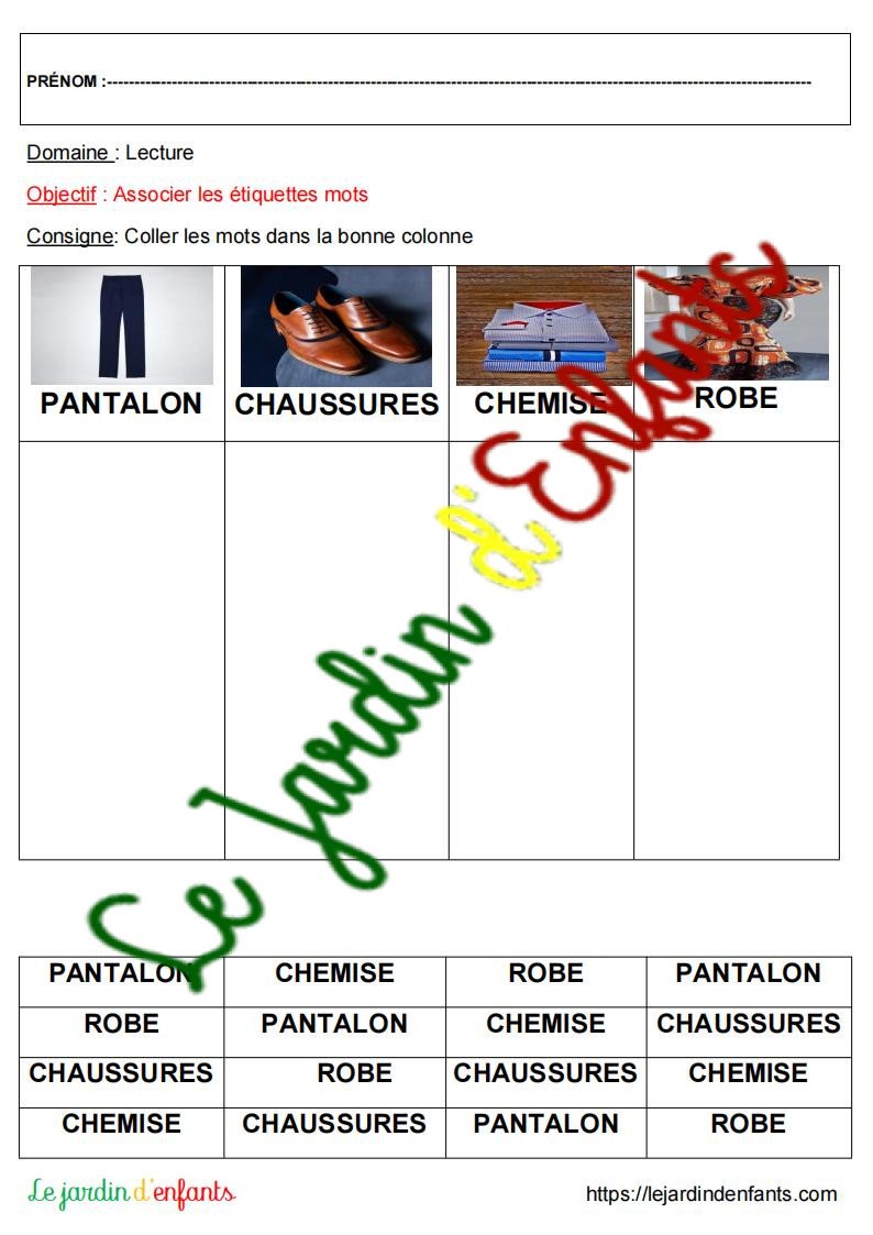 Reconnaître les mots "Les vêtements " GS