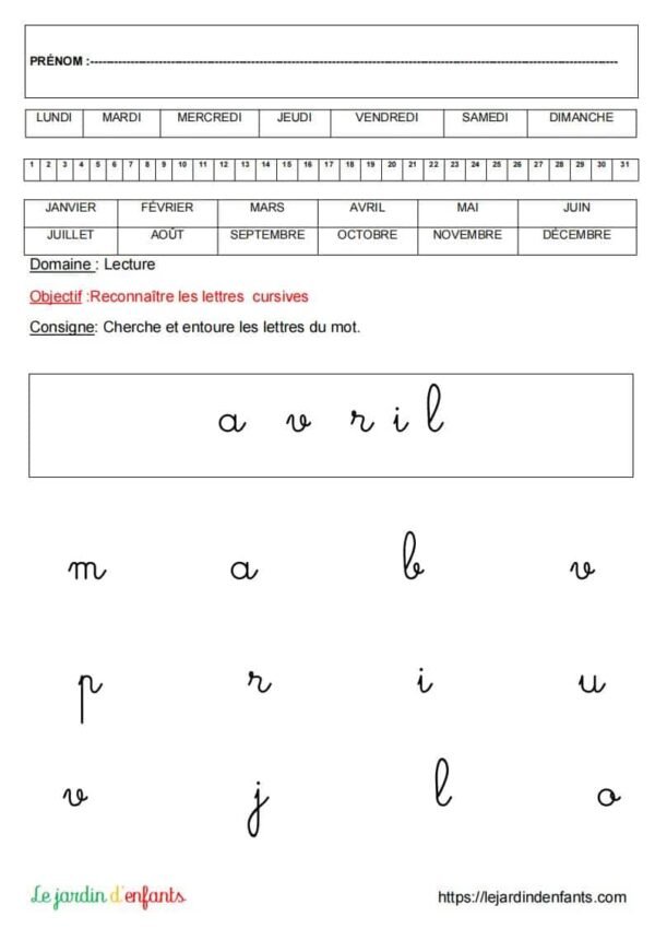 "Les mois" cursives