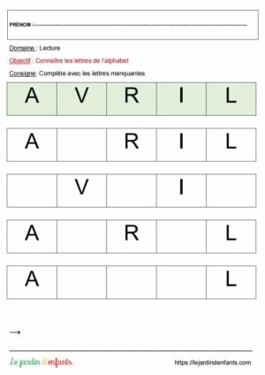 Ecriture "Les mots AVRIL/MAI/JUIN