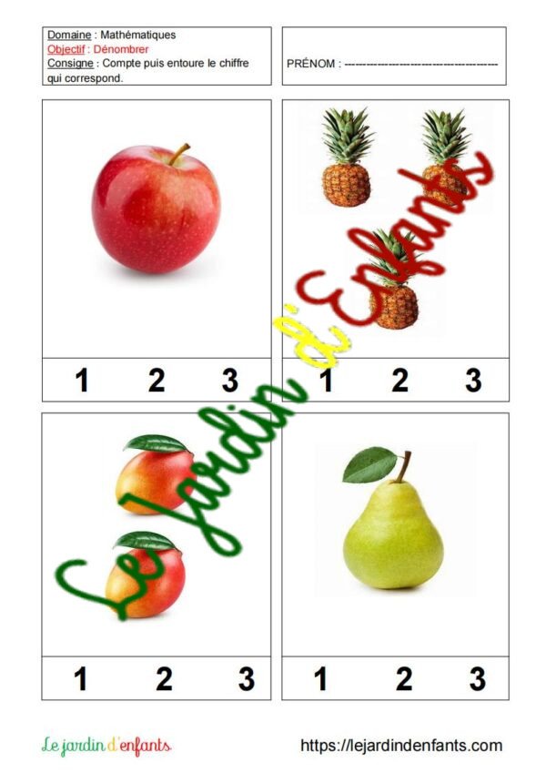 Dénombrer jusqu'à 3 "Les Fruits" PS